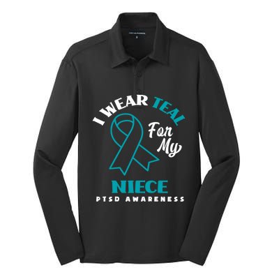 I Wear Teal For My Niece Ptsd Awareness Gift Silk Touch Performance Long Sleeve Polo