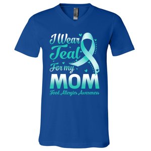 I Wear Teal For My Mom Food Allergies Awareness Ribbon Gift V-Neck T-Shirt