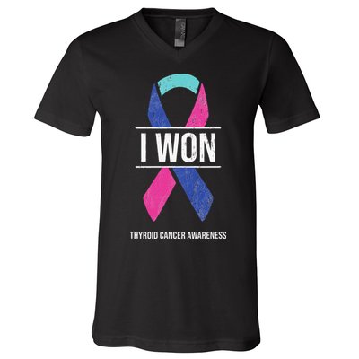 I Won Thyroid Cancer Awareness Thyroid Cancer Ribbon V-Neck T-Shirt