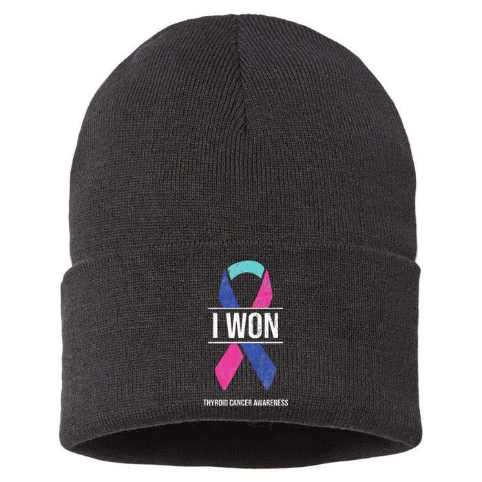 I Won Thyroid Cancer Awareness Thyroid Cancer Ribbon Sustainable Knit Beanie