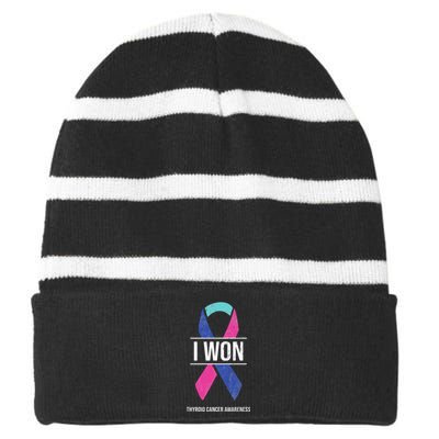 I Won Thyroid Cancer Awareness Thyroid Cancer Ribbon Striped Beanie with Solid Band