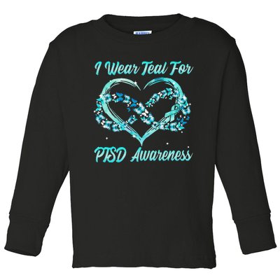 I Wear Teal For PTSD Awareness Heart Butterfly Toddler Long Sleeve Shirt