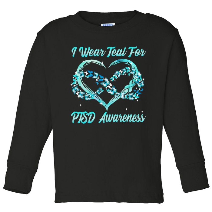 I Wear Teal For PTSD Awareness Heart Butterfly Toddler Long Sleeve Shirt