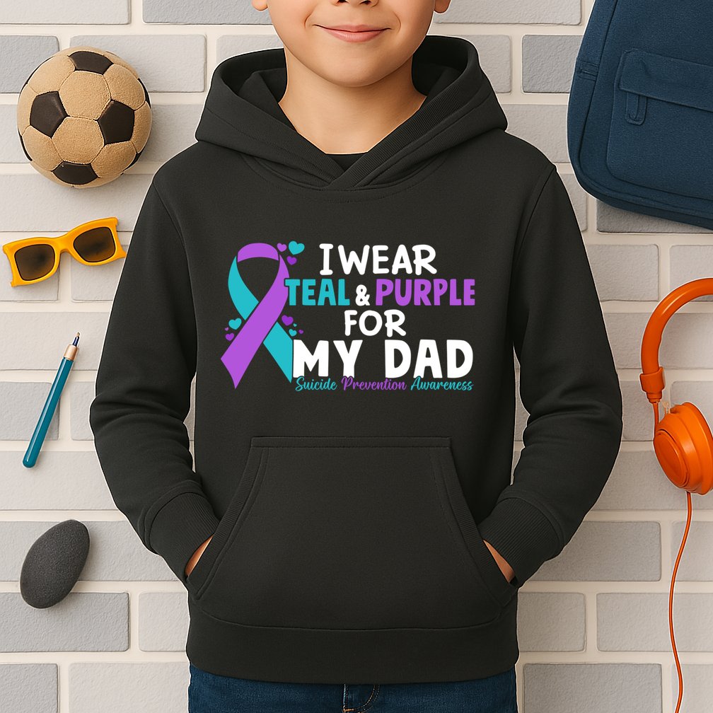 I Wear Teal & Purple For My Dad Suicide Prevention Awareness Kids Hoodie