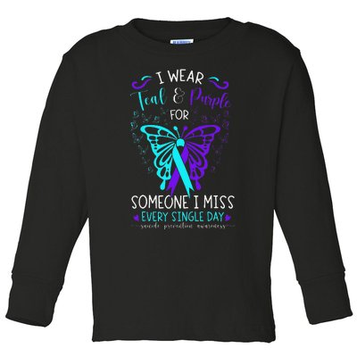 I Wear Teal And Purple Suicide Awareness Butterfly Support Toddler Long Sleeve Shirt