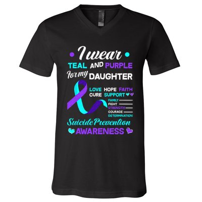 I Wear Teal & Purple For My Daughter Suicide Prevention V-Neck T-Shirt