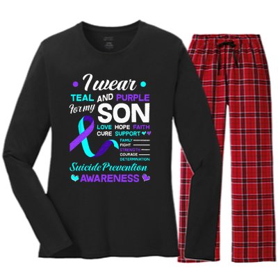 I Wear Teal & Purple For My Son Suicide Prevention Awareness Women's Long Sleeve Flannel Pajama Set 