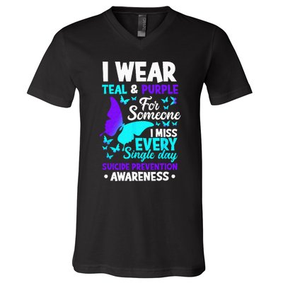 I Wear Teal & Purple For Someone I Miss Suicide Prevention V-Neck T-Shirt