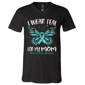 I Wear Teal For My Mom Ovarian Cancer Awareness Butterfly V-Neck T-Shirt