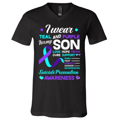 I Wear Teal & Purple For My Son Suicide Prevention Awareness V-Neck T-Shirt