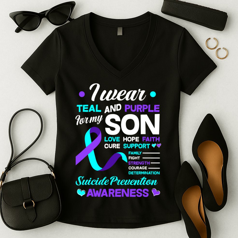 I Wear Teal & Purple For My Son Suicide Prevention Awareness Women's V-Neck T-Shirt