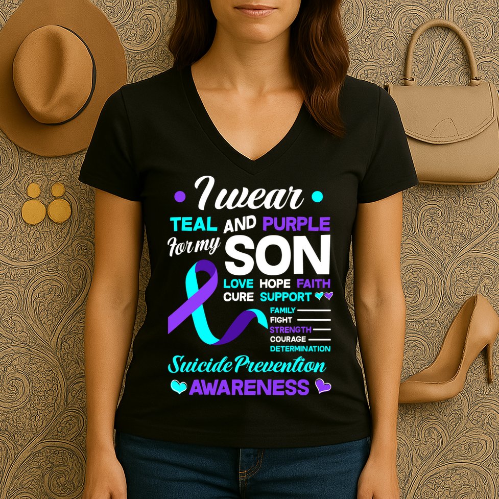I Wear Teal & Purple For My Son Suicide Prevention Awareness Women's V-Neck T-Shirt