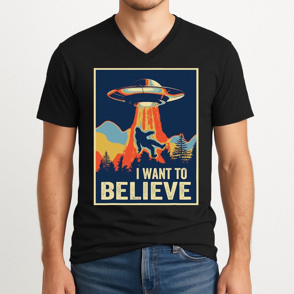 I Want To Believe Bigfoot Area 51 Alien Ufo V-Neck T-Shirt