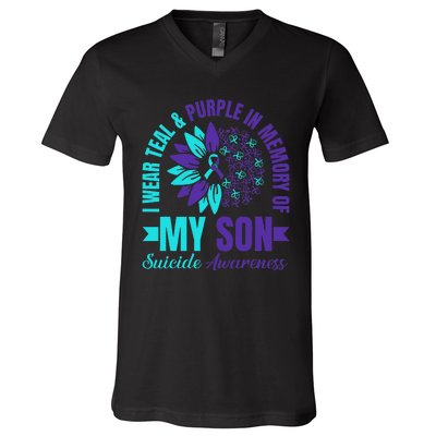 I Wear Teal Purple In Memory Of My Son Suicide Awareness V-Neck T-Shirt