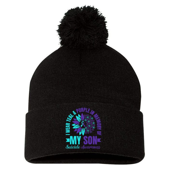 I Wear Teal Purple In Memory Of My Son Suicide Awareness Pom Pom 12in Knit Beanie