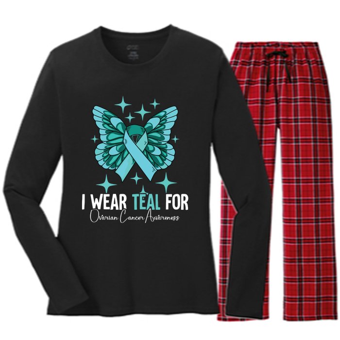 I Wear Teal For Ovarian Cancer Awareness Women's Long Sleeve Flannel Pajama Set 