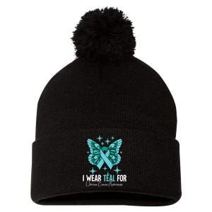 I Wear Teal For Ovarian Cancer Awareness Pom Pom 12in Knit Beanie