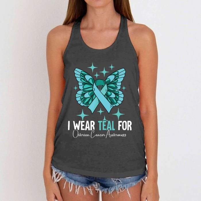 I Wear Teal For Ovarian Cancer Awareness Women's Knotted Racerback Tank