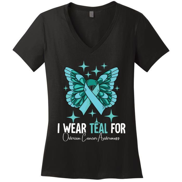 I Wear Teal For Ovarian Cancer Awareness Women's V-Neck T-Shirt