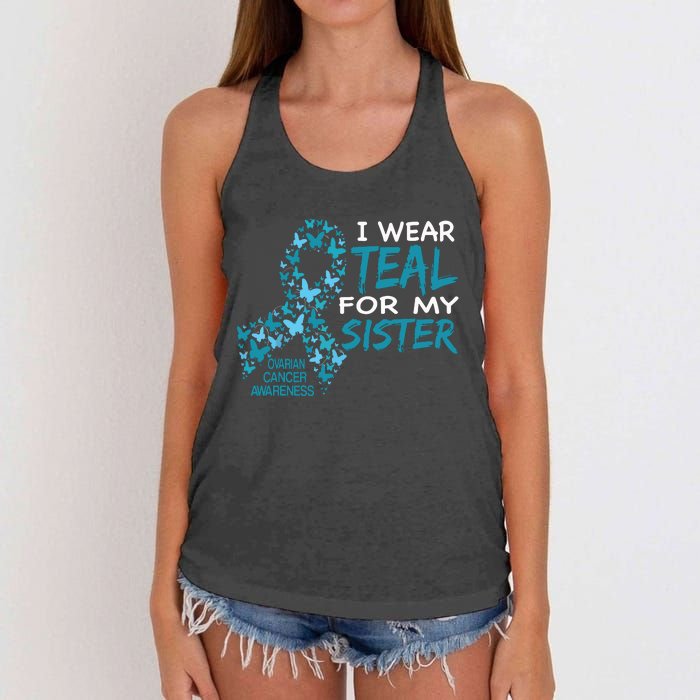 I Wear Teal For My Sister Ovarian Cancer Awareness Women's Knotted Racerback Tank