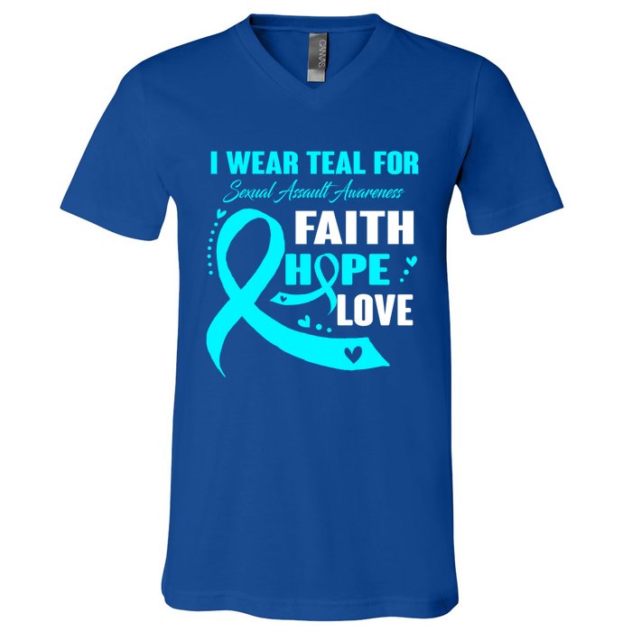 I Wear Teal For Sexual Assault Awareness Funny Gift V-Neck T-Shirt