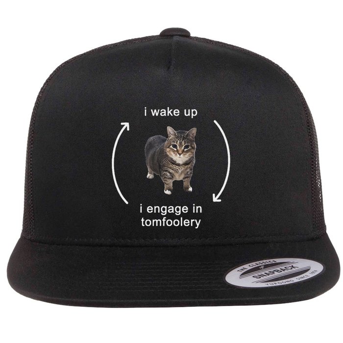 I Wake Up I Engage In Tomfoolery Silly Cat Meme Flat Bill Trucker Hat