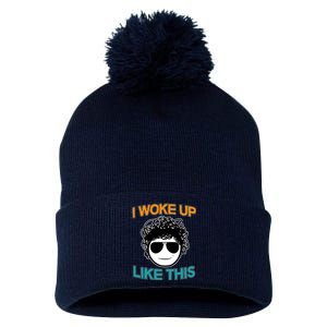 I Woke Up Like This Funny Emoji Smile Cool Face Pom Pom 12in Knit Beanie