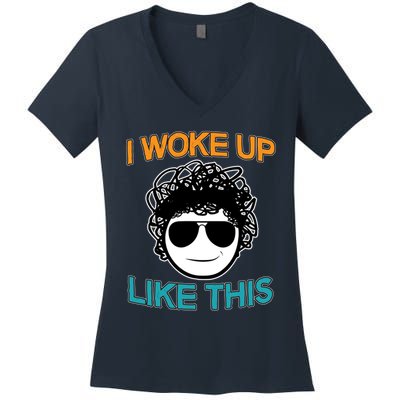 I Woke Up Like This Funny Emoji Smile Cool Face Women's V-Neck T-Shirt