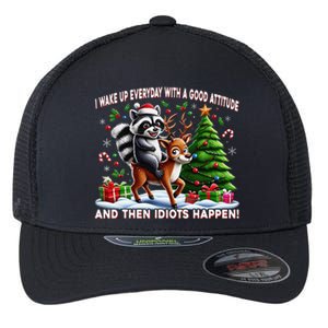 I Wake Up With A Good Attitude…Then Idiots Happen Raccoon Flexfit Unipanel Trucker Cap