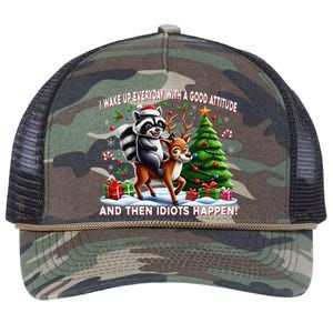 I Wake Up With A Good Attitude…Then Idiots Happen Raccoon Retro Rope Trucker Hat Cap