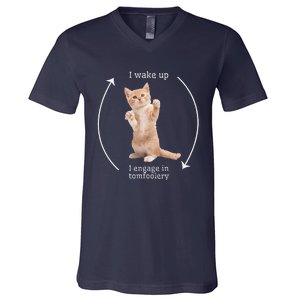 I Wake Up I Engage In Tomfoolery Silly Cat Meme V-Neck T-Shirt