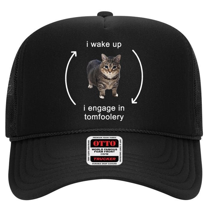 I Wake Up I Engage In Tomfoolery Silly Cat High Crown Mesh Back Trucker Hat