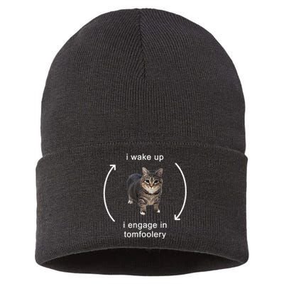 I Wake Up I Engage In Tomfoolery Silly Cat Sustainable Knit Beanie