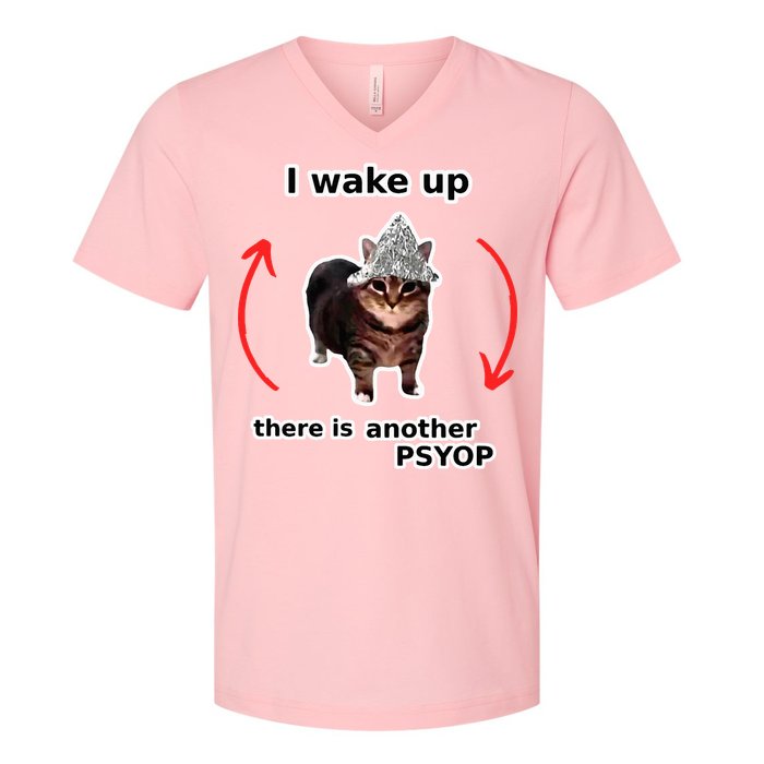 I Wake Up There Is Another Psyop Tin Foil Hat Cat Meme V-Neck T-Shirt