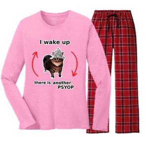 I Wake Up There Is Another Psyop Tin Foil Hat Cat Meme Women's Long Sleeve Flannel Pajama Set 