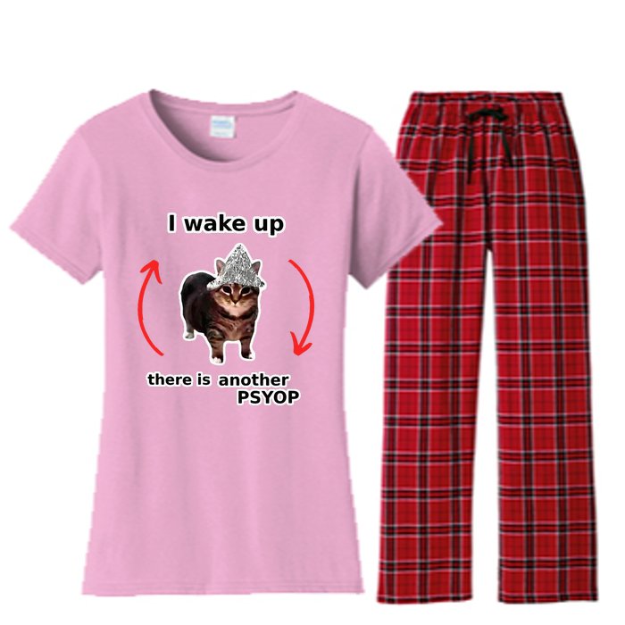 I Wake Up There Is Another Psyop Tin Foil Hat Cat Meme Women's Flannel Pajama Set