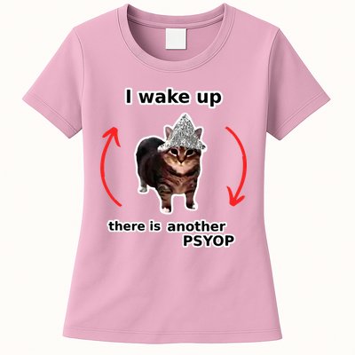 I Wake Up There Is Another Psyop Tin Foil Hat Cat Meme Womens T-Shirt