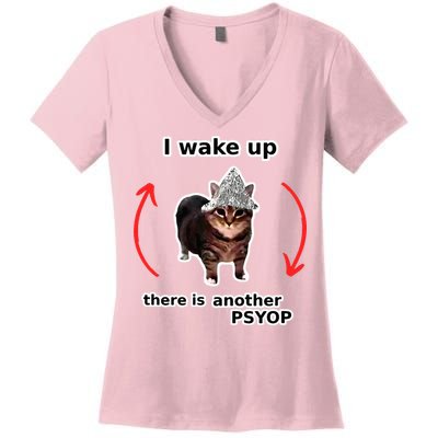 I Wake Up There Is Another Psyop Tin Foil Hat Cat Meme Women's V-Neck T-Shirt