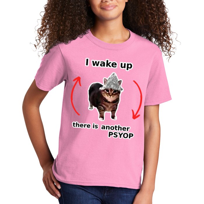 I Wake Up There Is Another Psyop Tin Foil Hat Cat Meme Kids T-Shirt