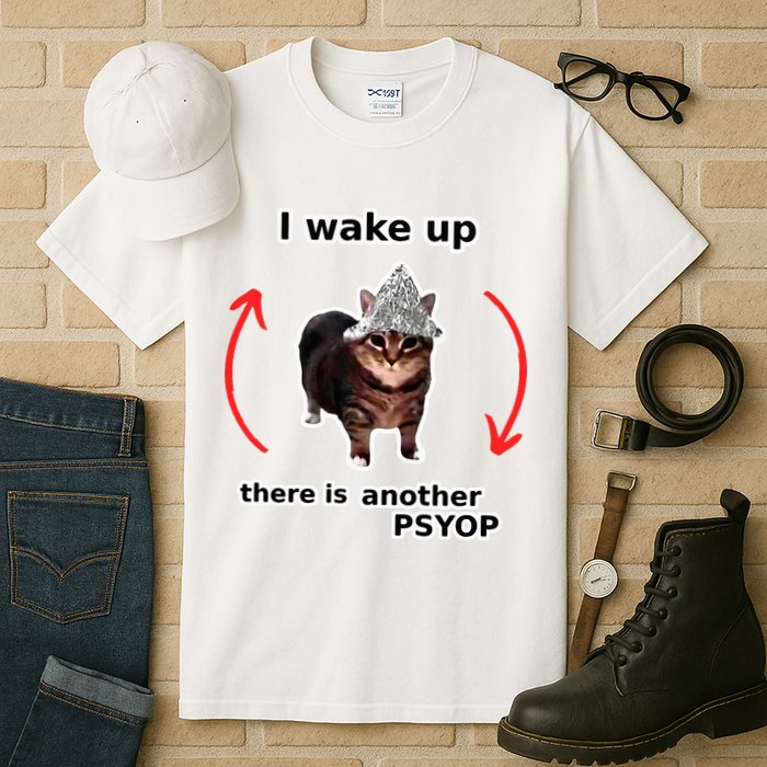 I Wake Up There Is Another Psyop Tin Foil Hat Cat Meme Tall T-Shirt