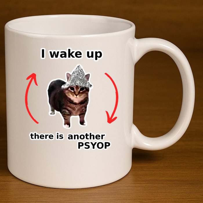 I Wake Up There Is Another Psyop Tin Foil Hat Cat Meme 11oz C Handle Ceramic Mug