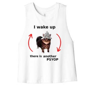 I Wake Up There Is Another Psyop Tin Foil Hat Cat Meme Women's Racerback Cropped Tank