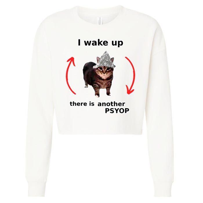 I Wake Up There Is Another Psyop Tin Foil Hat Cat Meme Cropped Pullover Crew