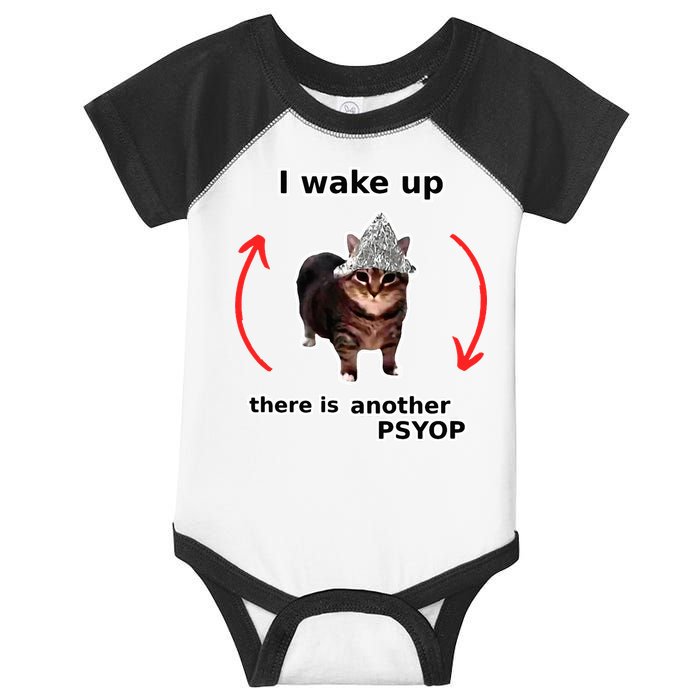 I Wake Up There Is Another Psyop Tin Foil Hat Cat Meme Infant Baby Jersey Bodysuit
