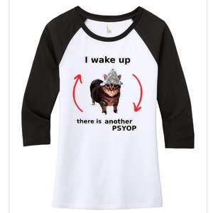 I Wake Up There Is Another Psyop Tin Foil Hat Cat Meme Women's Tri-Blend 3/4-Sleeve Raglan Shirt