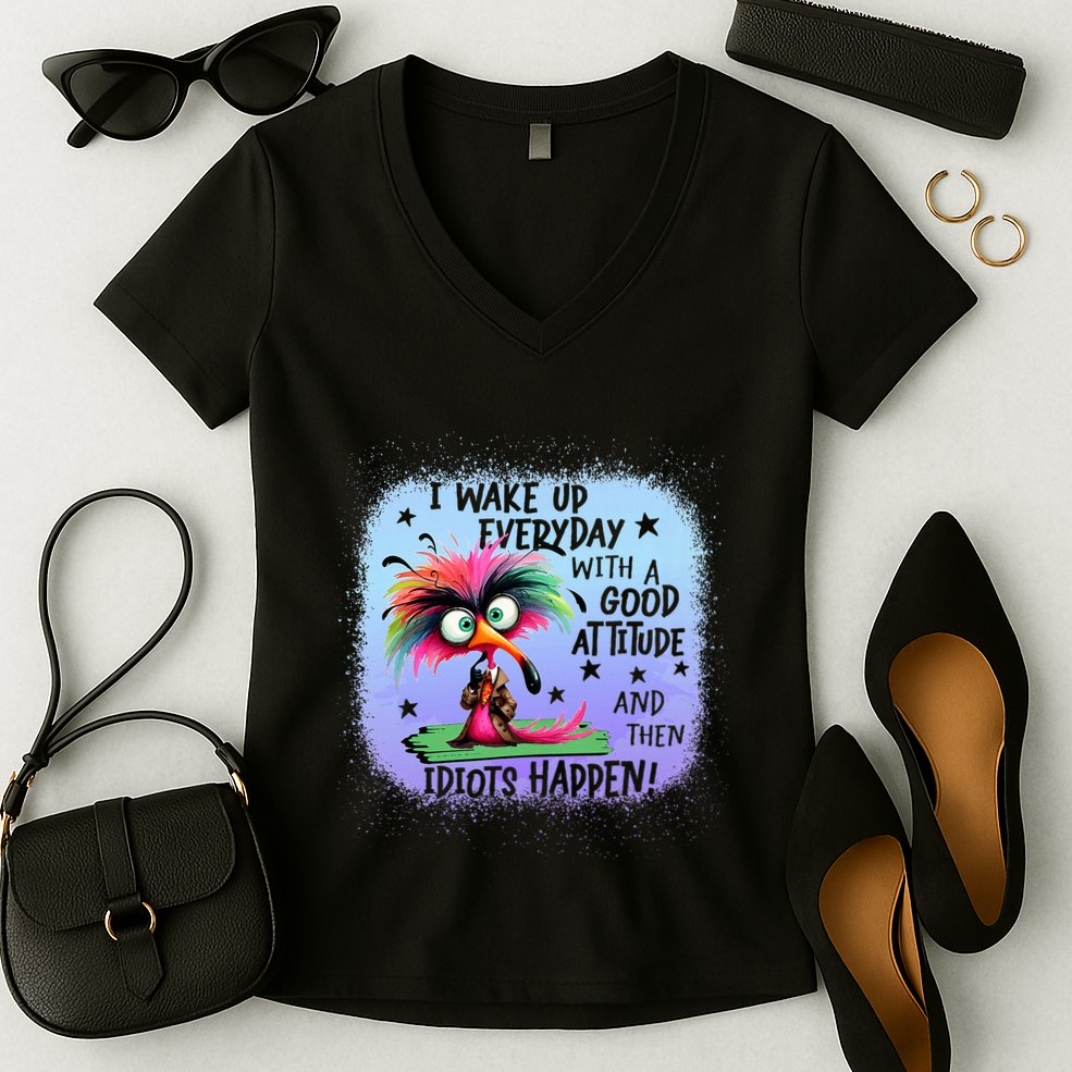 I Wake Up Everyday With A Good Attitude Then Idiots Happen Women's V-Neck T-Shirt