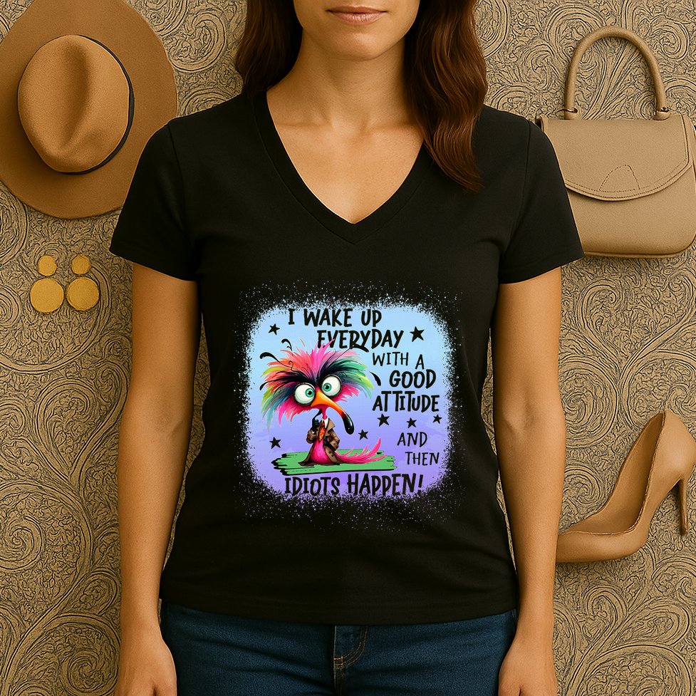 I Wake Up Everyday With A Good Attitude Then Idiots Happen Women's V-Neck T-Shirt