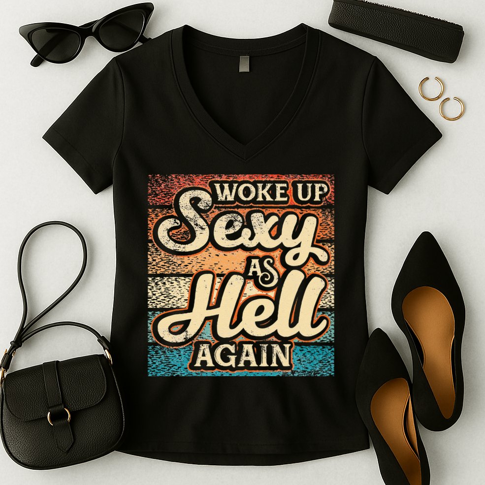 I Woke Up Sexy As Hell Again Funny Saying Sarcastic Holiday Women's V-Neck T-Shirt