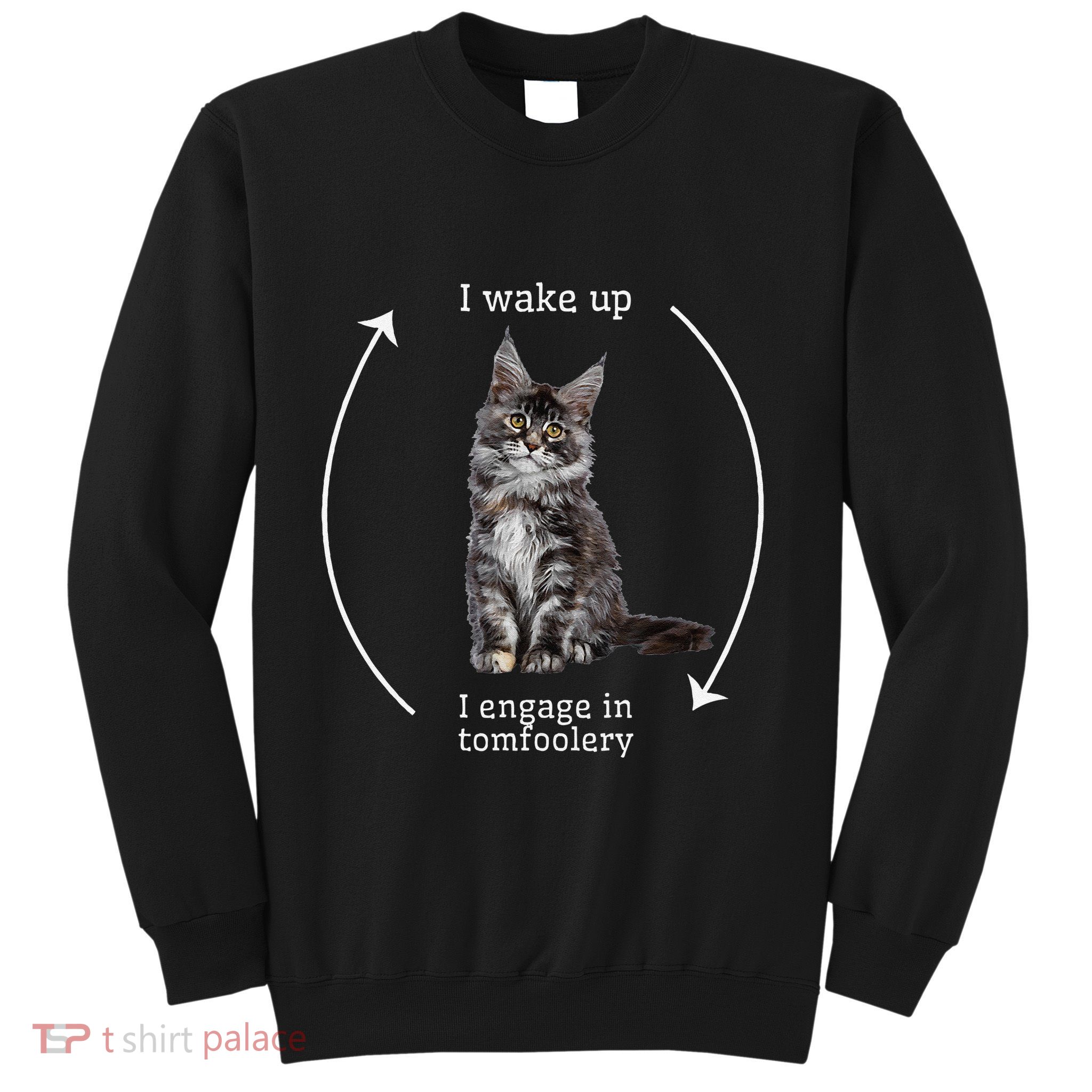 I Wake Up I Engage In Tomfoolery Silly Cat Meme Maine Coon Sweatshirt