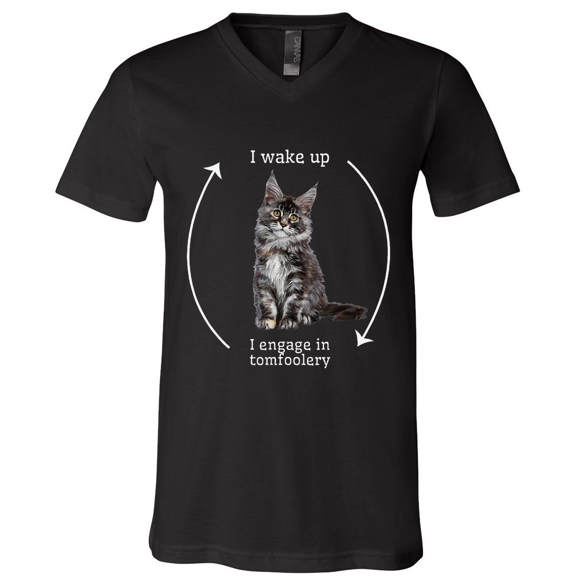 I Wake Up I Engage In Tomfoolery Silly Cat Meme Maine Coon V-Neck T-Shirt